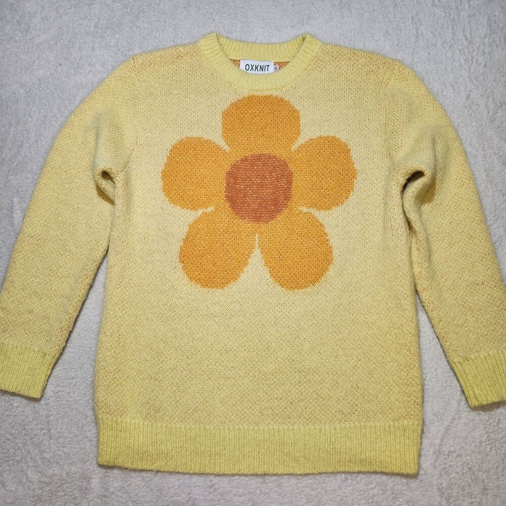 OXKnit Retro Yellow Daisy Sweater Women's Small Wool Blend